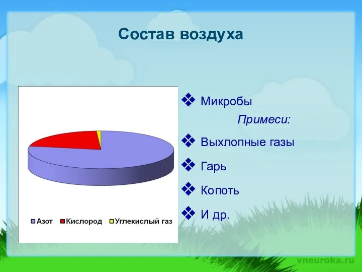 Состав воздуха Микробы Примеси: Выхлопные газы Гарь Копоть И др.