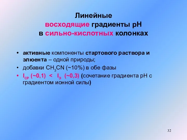 Линейные восходящие градиенты рН в сильно-кислотных колонках активные компоненты стартового раствора