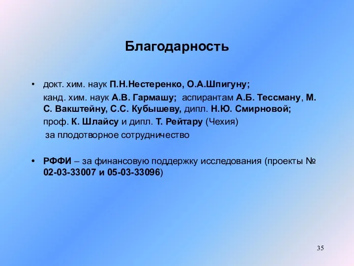 Благодарность докт. хим. наук П.Н.Нестеренко, О.А.Шпигуну; канд. хим. наук А.В. Гармашу;