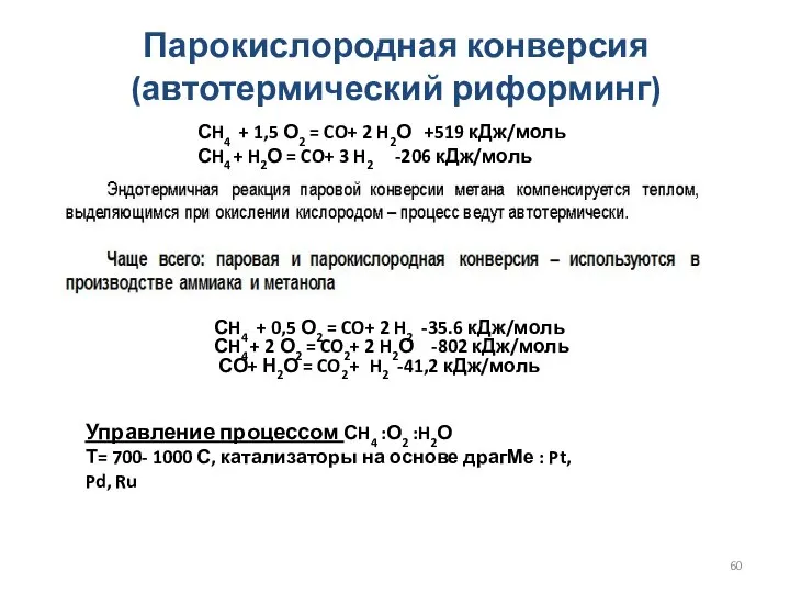 Парокислородная конверсия (автотермический риформинг) СH4 + 1,5 О2 = CO+ 2