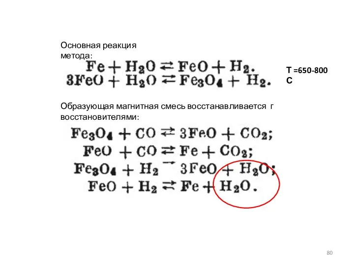 Основная реакция метода: Т =650-800 С Образующая магнитная смесь восстанавливается г восстановителями:
