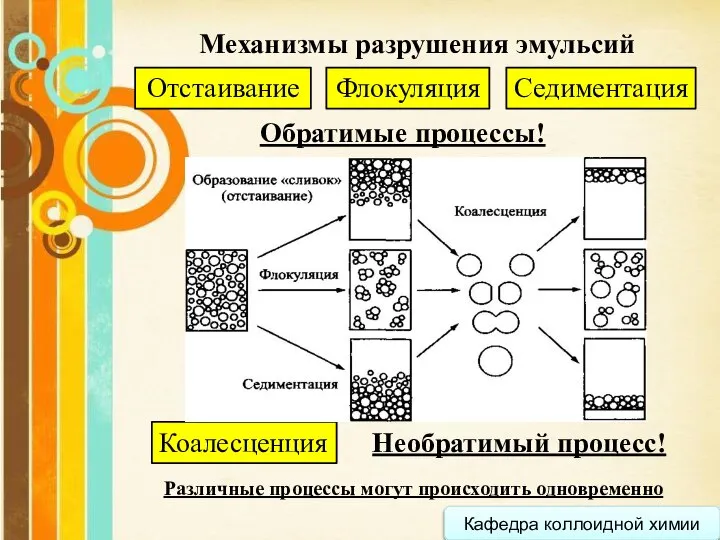 Кафедра коллоидной химии Механизмы разрушения эмульсий Отстаивание Седиментация Флокуляция Обратимые процессы!