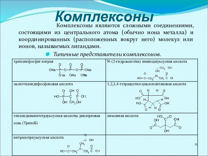 Комплексоны Комплексоны являются сложными соединениями, состоящими из центрального атома (обычно иона