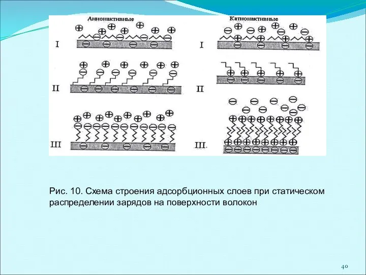 Рис. 10. Схема строения адсорбционных слоев при статическом распределении зарядов на поверхности волокон
