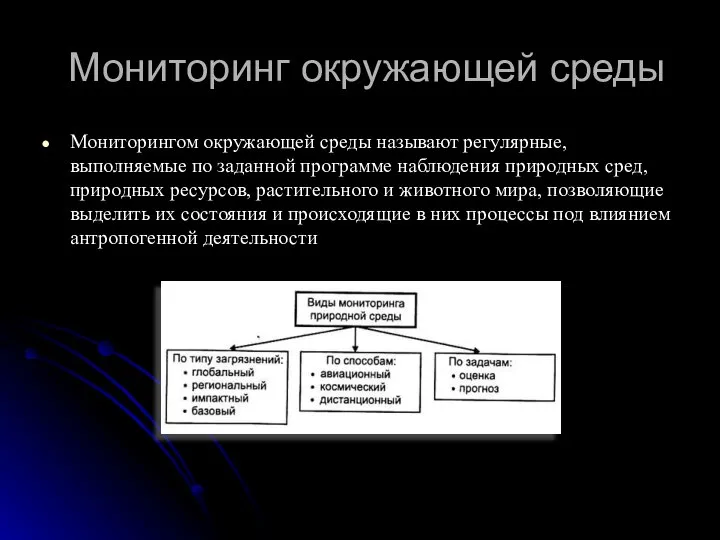 Мониторинг окружающей среды Мониторингом окружающей среды называют регулярные, выполняемые по заданной