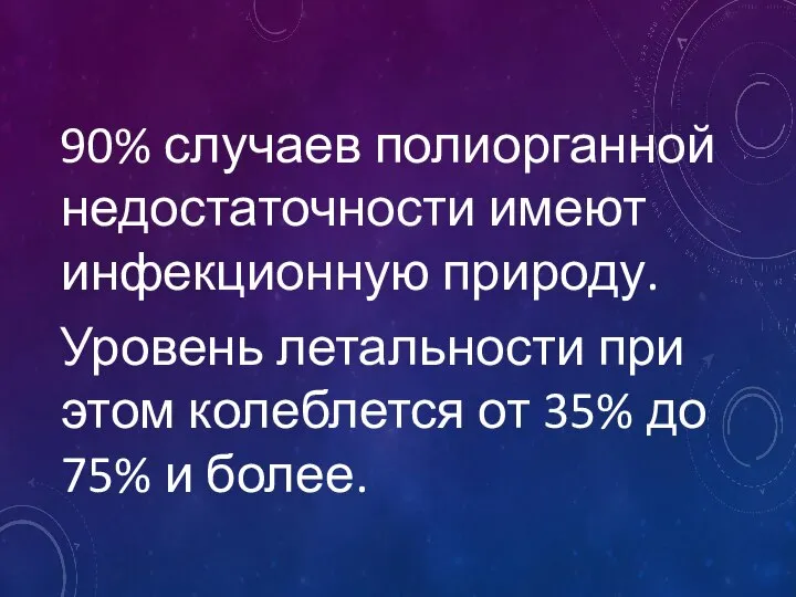 90% случаев полиорганной недостаточности имеют инфекционную природу. Уровень летальности при этом