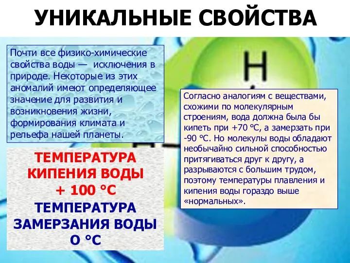 Почти все физико-химические свойства воды — исключения в природе. Некоторые из