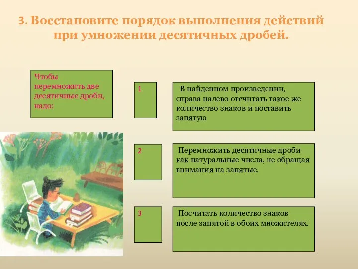 3. Восстановите порядок выполнения действий при умножении десятичных дробей.