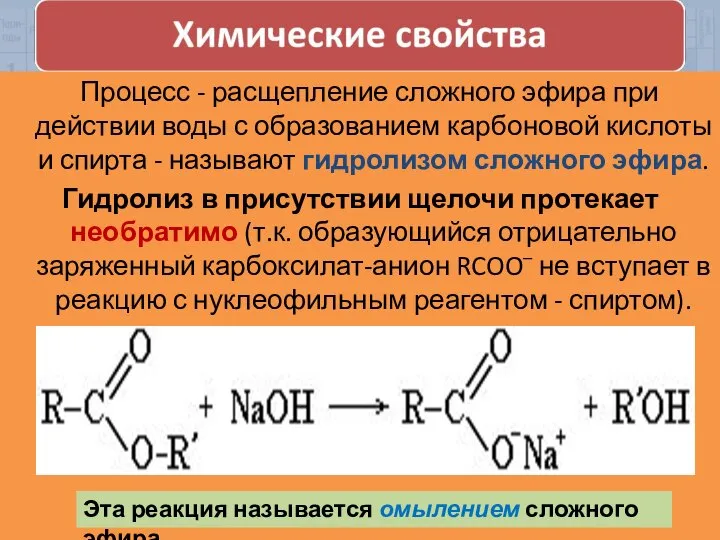 Процесс - расщепление сложного эфира при действии воды с образованием карбоновой