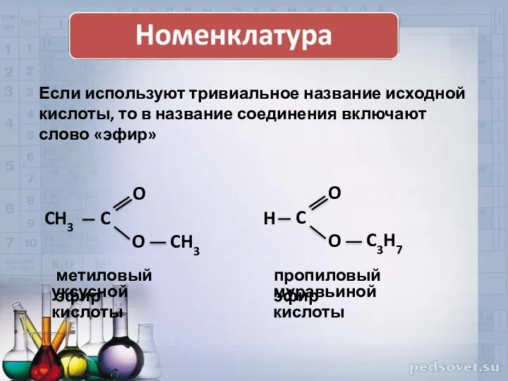 CH3 метиловый эфир уксусной кислоты C3H7 пропиловый эфир Если используют тривиальное