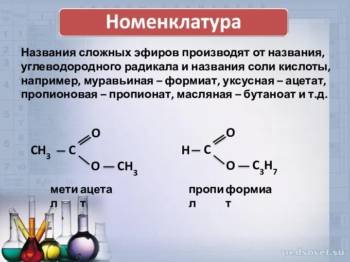 CH3 метил ацетат C3H7 пропил формиат Названия сложных эфиров про­изводят от