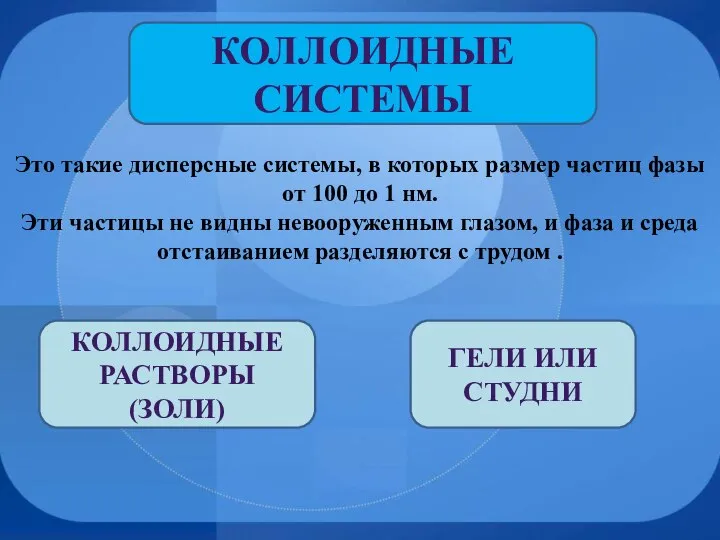 КОЛЛОИДНЫЕ СИСТЕМЫ Это такие дисперсные системы, в которых размер частиц фазы