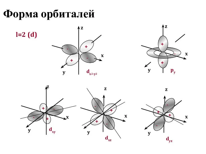Форма орбиталей l=2 (d) + y x z dx2-y2 y x