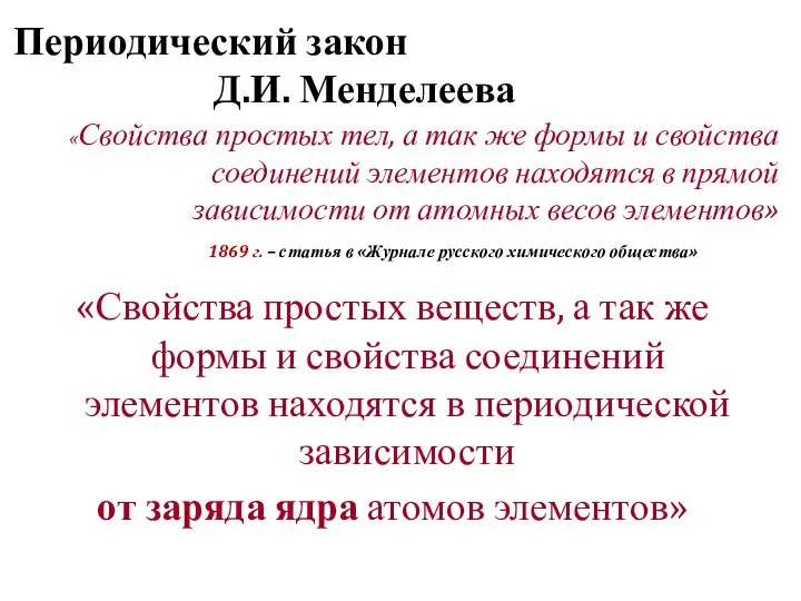 Периодический закон Д.И. Менделеева «Свойства простых веществ, а так же формы