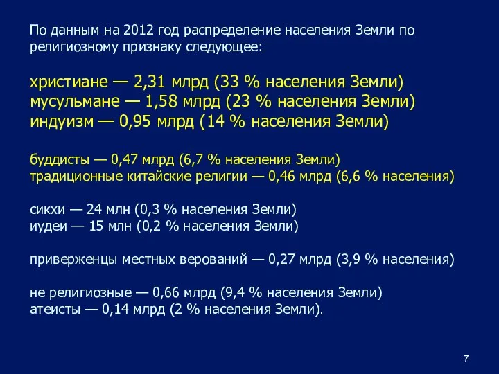 По данным на 2012 год распределение населения Земли по религиозному признаку