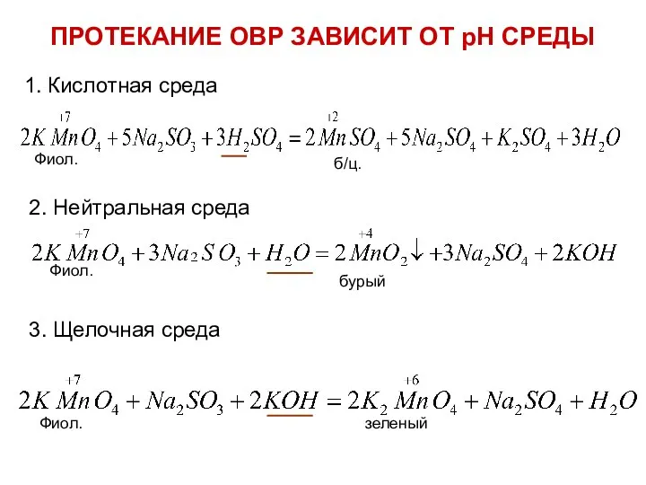 ПРОТЕКАНИЕ ОВР ЗАВИСИТ ОТ рН СРЕДЫ 1. Кислотная среда Фиол. б/ц.