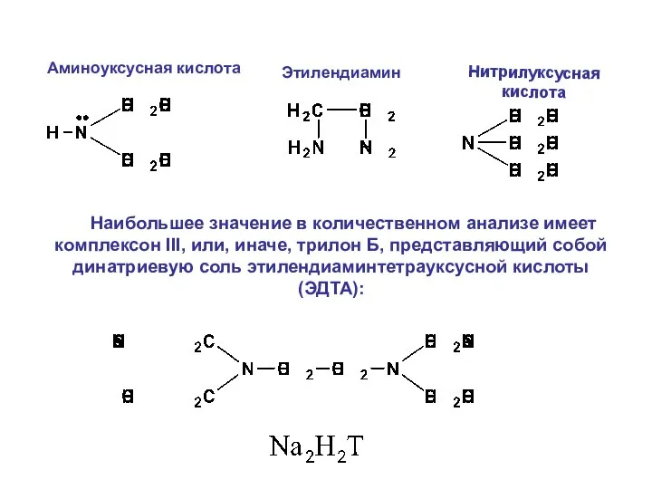 Аминоуксусная кислота Нитрилуксусная кислота Этилендиамин Наибольшее значение в количественном анализе имеет