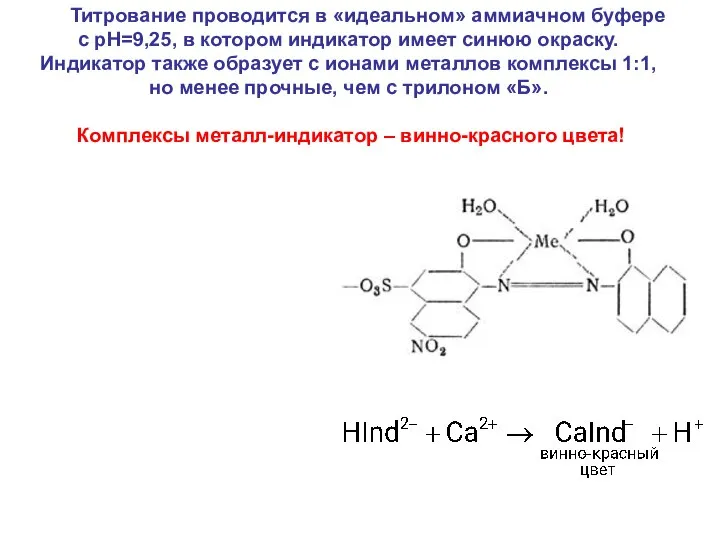 Титрование проводится в «идеальном» аммиачном буфере с рН=9,25, в котором индикатор