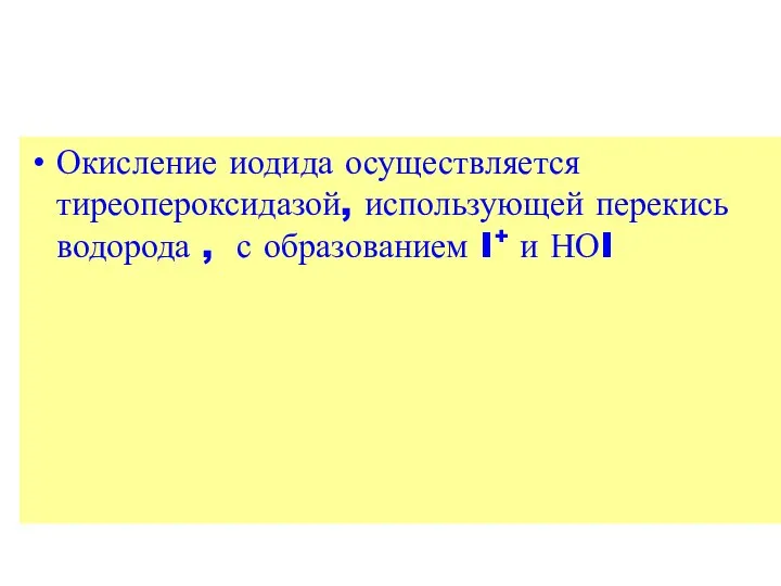 Окисление иодида осуществляется тиреопероксидазой, использующей перекись водорода , с образованием I+ и НОI