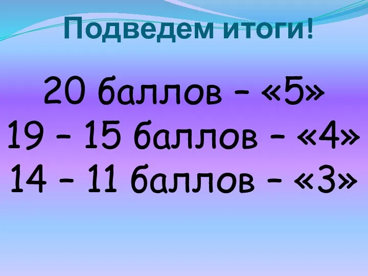 Подведем итоги! 20 баллов – «5» 19 – 15 баллов –