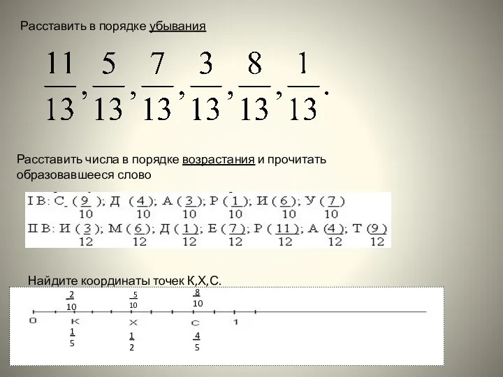 Расставить в порядке убывания Найдите координаты точек К,Х,С. Расставить числа в