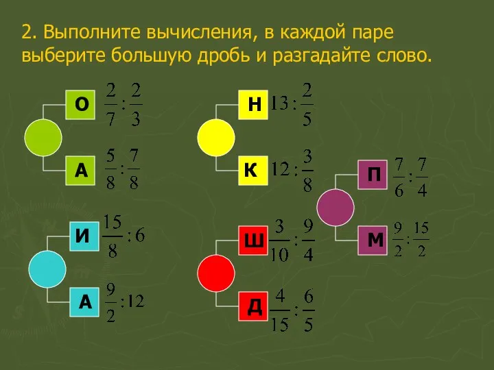 2. Выполните вычисления, в каждой паре выберите большую дробь и разгадайте