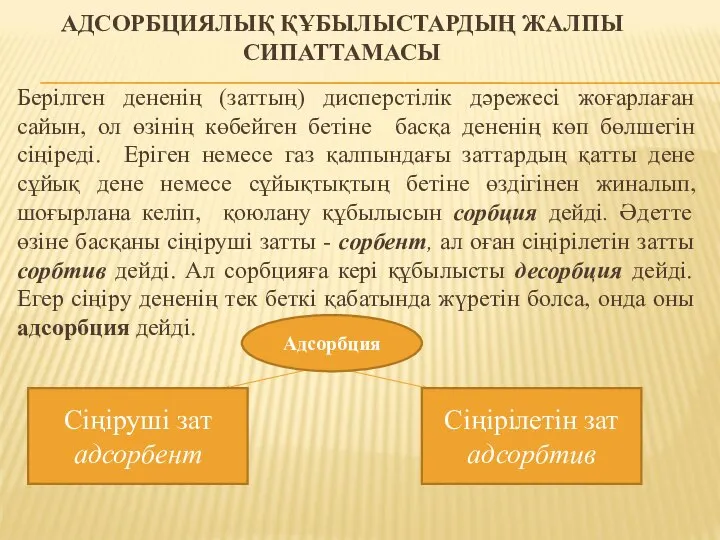 АДСОРБЦИЯЛЫҚ ҚҰБЫЛЫСТАРДЫҢ ЖАЛПЫ СИПАТТАМАСЫ Берілген дененің (заттың) дисперстілік дәрежесі жоғарлаған сайын,