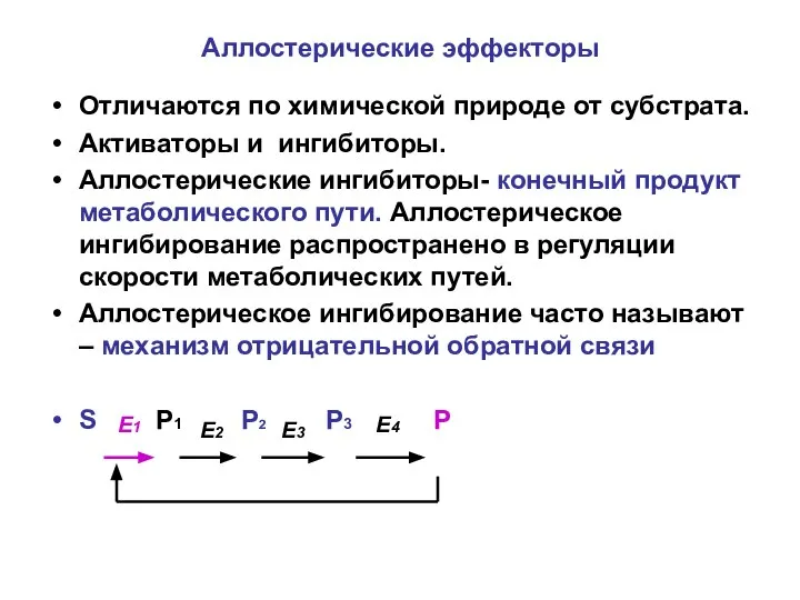 Аллостерические эффекторы Отличаются по химической природе от субстрата. Активаторы и ингибиторы.