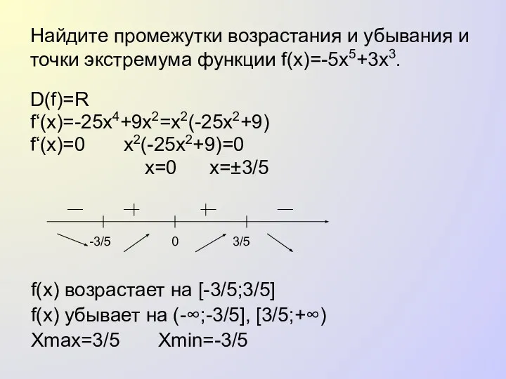 Найдите промежутки возрастания и убывания и точки экстремума функции f(x)=-5x5+3x3. D(f)=R