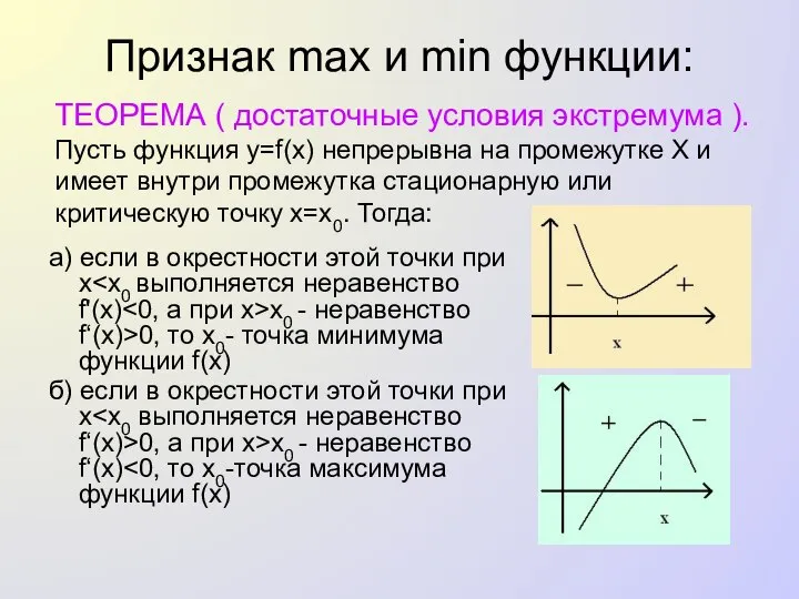 Признак max и min функции: а) если в окрестности этой точки