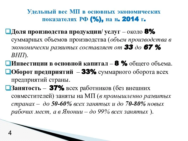 Удельный вес МП в основных экономических показателях РФ (%), на н.
