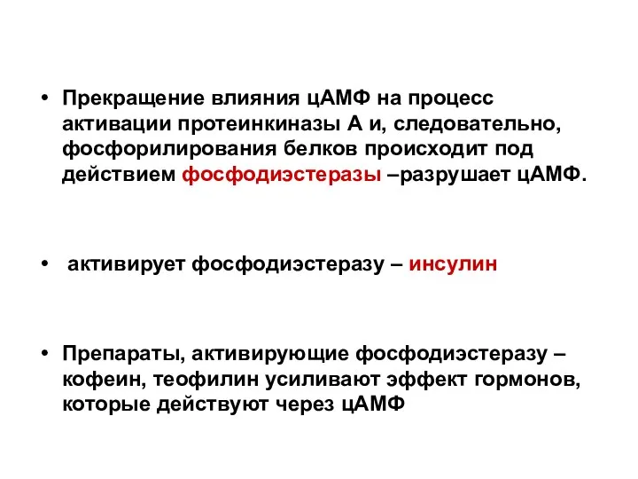 Прекращение влияния цАМФ на процесс активации протеинкиназы А и, следовательно, фосфорилирования