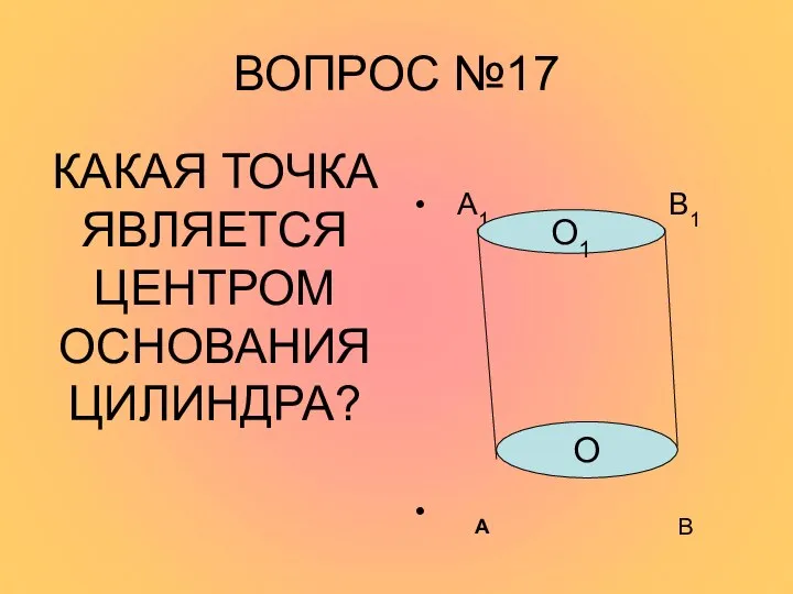 ВОПРОС №17 КАКАЯ ТОЧКА ЯВЛЯЕТСЯ ЦЕНТРОМ ОСНОВАНИЯ ЦИЛИНДРА? А1 В1 А В О О1