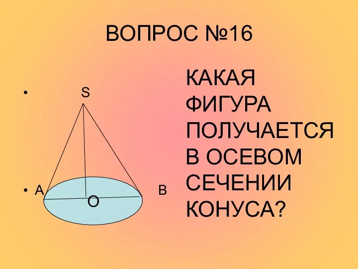 ВОПРОС №16 S A O B КАКАЯ ФИГУРА ПОЛУЧАЕТСЯ В ОСЕВОМ СЕЧЕНИИ КОНУСА? O