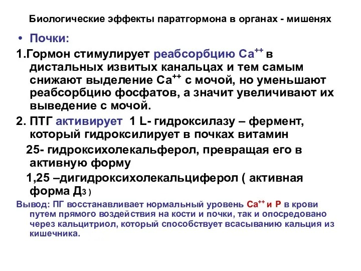 Биологические эффекты паратгормона в органах - мишенях Почки: 1.Гормон стимулирует реабсорбцию