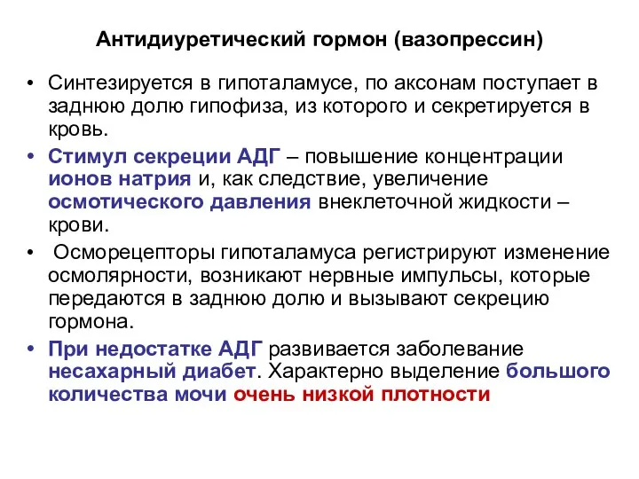 Антидиуретический гормон (вазопрессин) Синтезируется в гипоталамусе, по аксонам поступает в заднюю