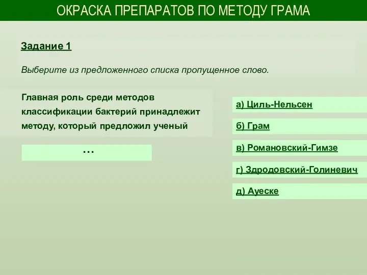 ОКРАСКА ПРЕПАРАТОВ ПО МЕТОДУ ГРАМА Главная роль среди методов классификации бактерий