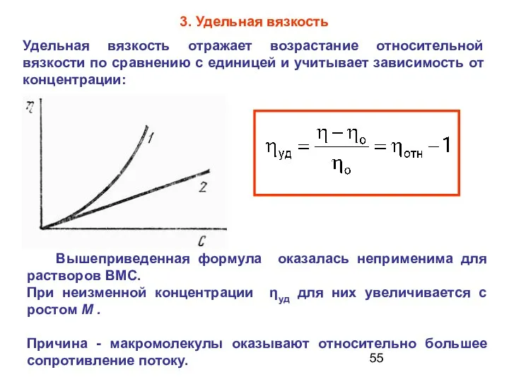 3. Удельная вязкость Удельная вязкость отражает возрастание относительной вязкости по сравнению