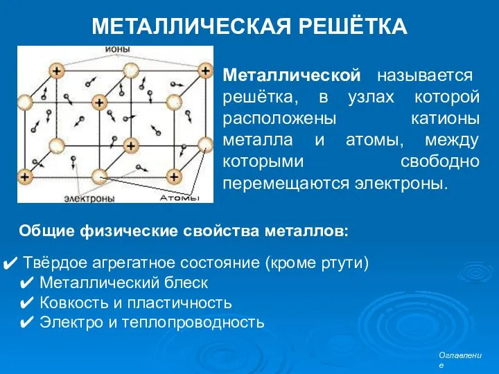 МЕТАЛЛИЧЕСКАЯ РЕШЁТКА Металлической называется решётка, в узлах которой расположены катионы металла