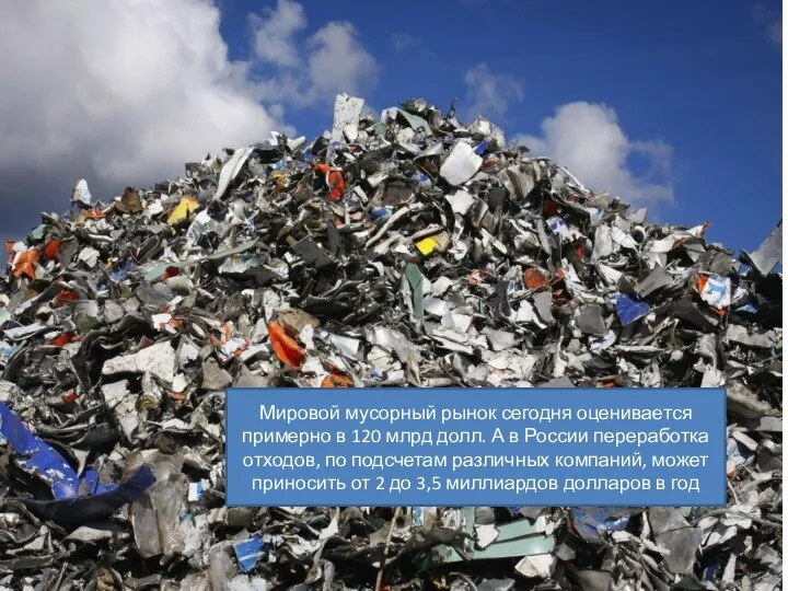 Мировой мусорный рынок сегодня оценивается примерно в 120 млрд долл. А