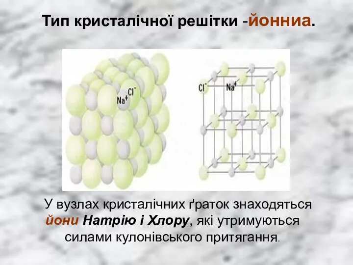 Тип кристалічної решітки -йонниа. У вузлах кристалічних ґраток знаходяться йони Натрію