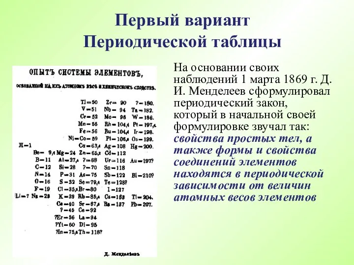 На основании своих наблюдений 1 марта 1869 г. Д.И. Менделеев сформулировал