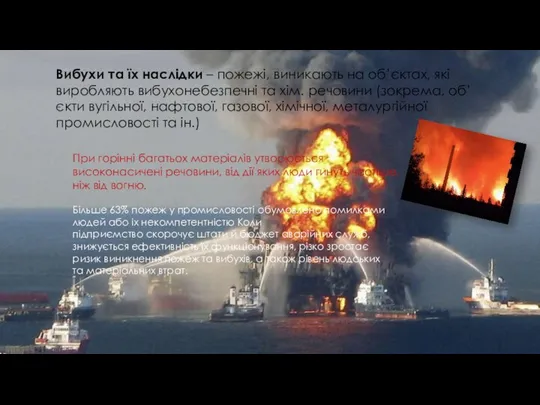 Вибухи та їх наслідки – пожежі, виникають на об’єктах, які виробляють