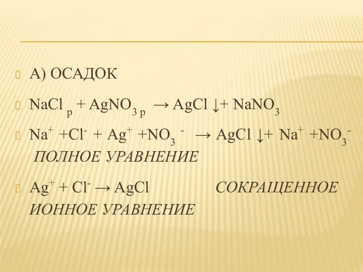 А) ОСАДОК NaCl р + AgNO3 р → AgCl ↓+ NaNO3