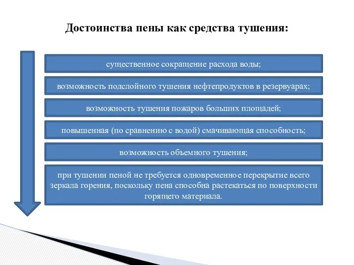 Достоинства пены как средства тушения: существенное сокращение расхода воды; при тушении