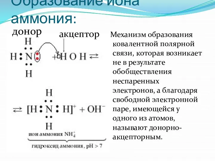 Образование иона аммония: Механизм образования ковалентной полярной связи, которая возникает не