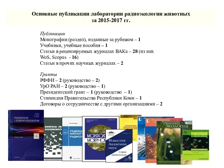 Основные публикации лаборатории радиоэкологии животных за 2015-2017 гг. Публикации Монографии (раздел),