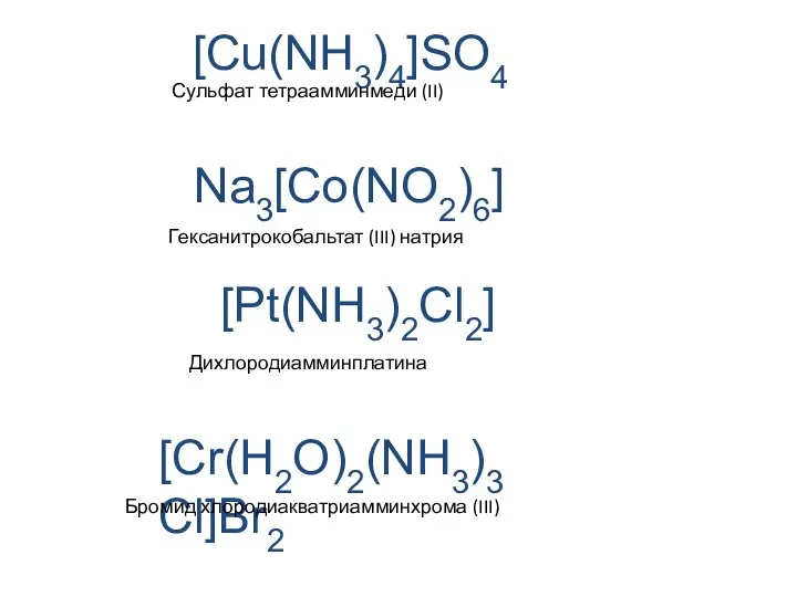 [Cu(NH3)4]SO4 Na3[Co(NO2)6] [Pt(NH3)2Cl2] [Cr(H2O)2(NH3)3 Cl]Br2 Сульфат тетраамминмеди (II) Гексанитрокобальтат (III) натрия Дихлородиамминплатина Бромид хлородиакватриамминхрома (III)