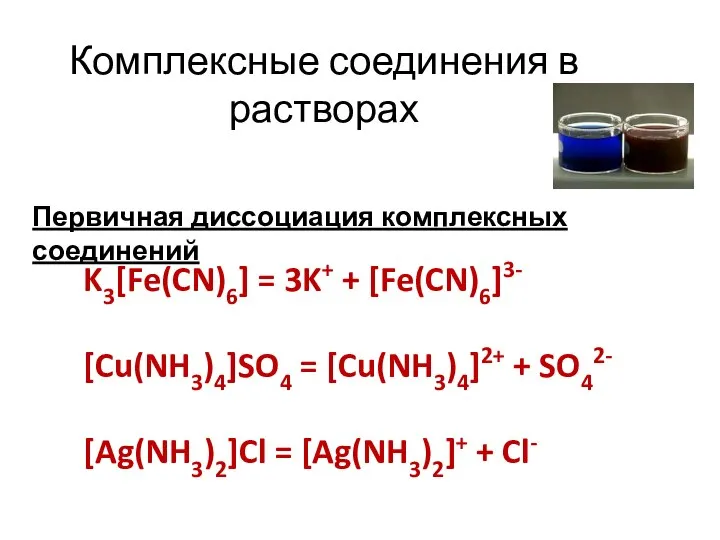 Комплексные соединения в растворах Первичная диссоциация комплексных соединений K3[Fe(CN)6] = 3K+