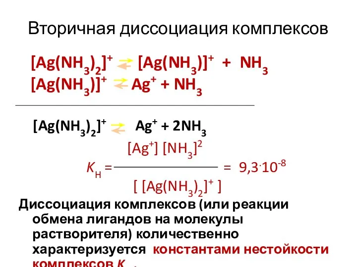 Вторичная диссоциация комплексов [Ag(NH3)2]+ [Ag(NH3)]+ + NH3 [Ag(NH3)]+ Ag+ + NH3